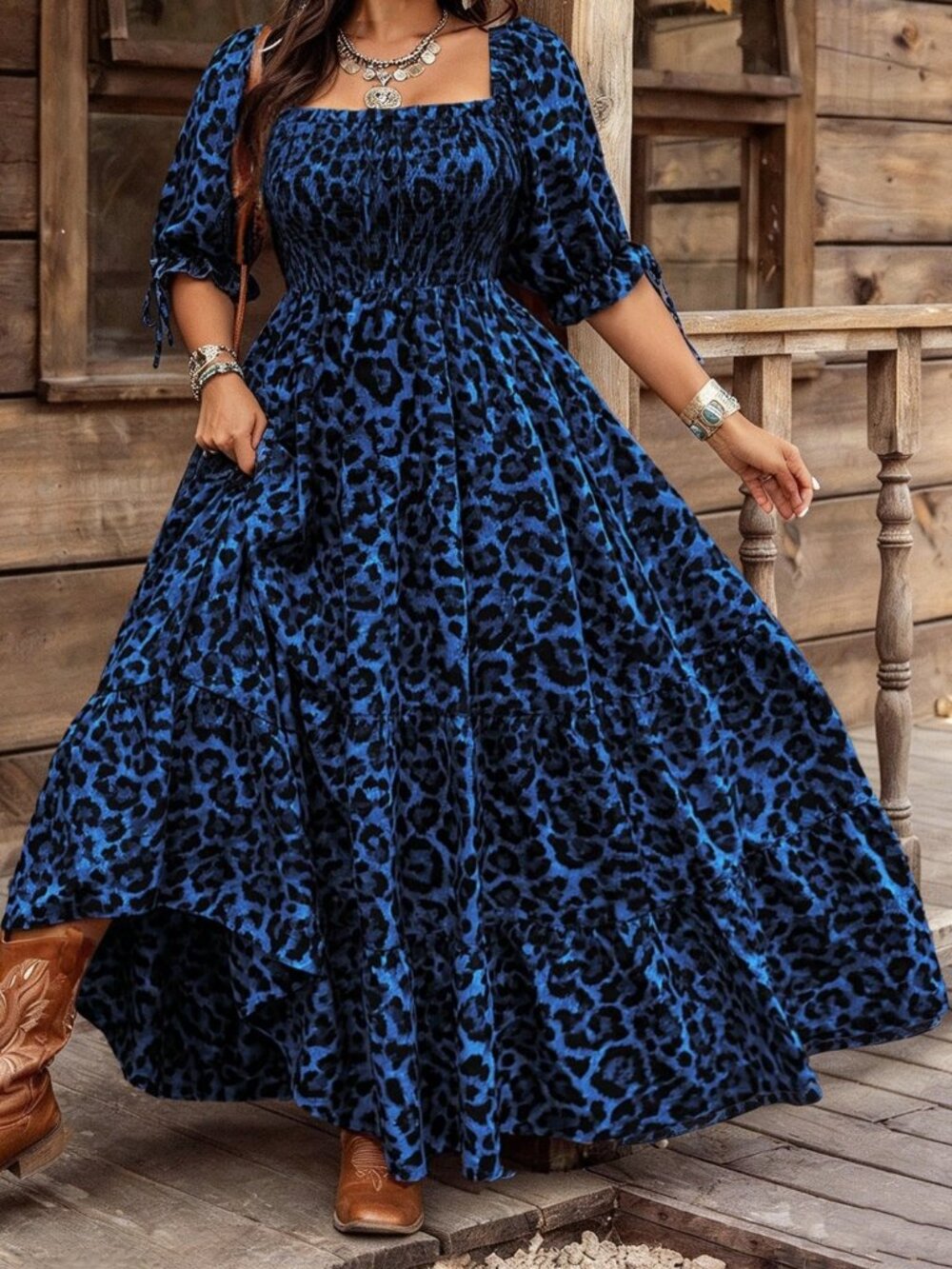Blue Leopard Print Square Neck Ruched A-Line Dress
